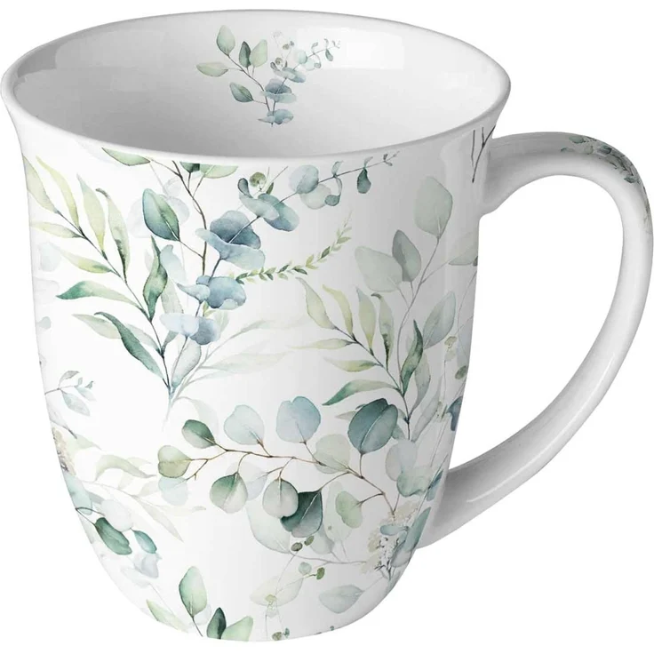 Tasse Blumen Blätter vom Eukalyptus aus Porzellan. Motivtasse für den gedeckten Tisch und als Geschenk 0,4L x H10,5cm