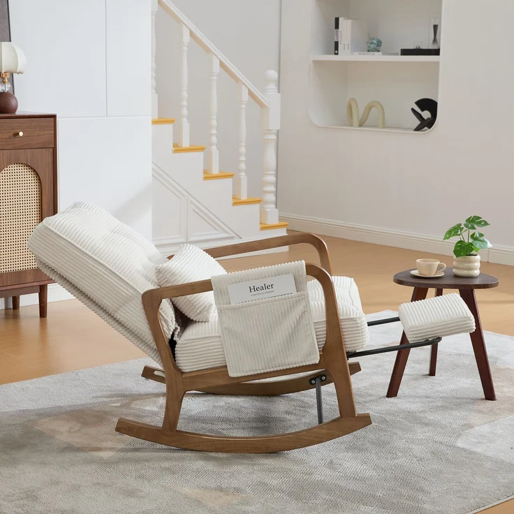 LVHOM Schaukelstuhl mit ausziehbarer Fußstütze, Relaxsessel mit verstellbare Rückenlehne, Loungesessel mit Seitentasche, bis 150 kg belastbar, Beige – Bild 9