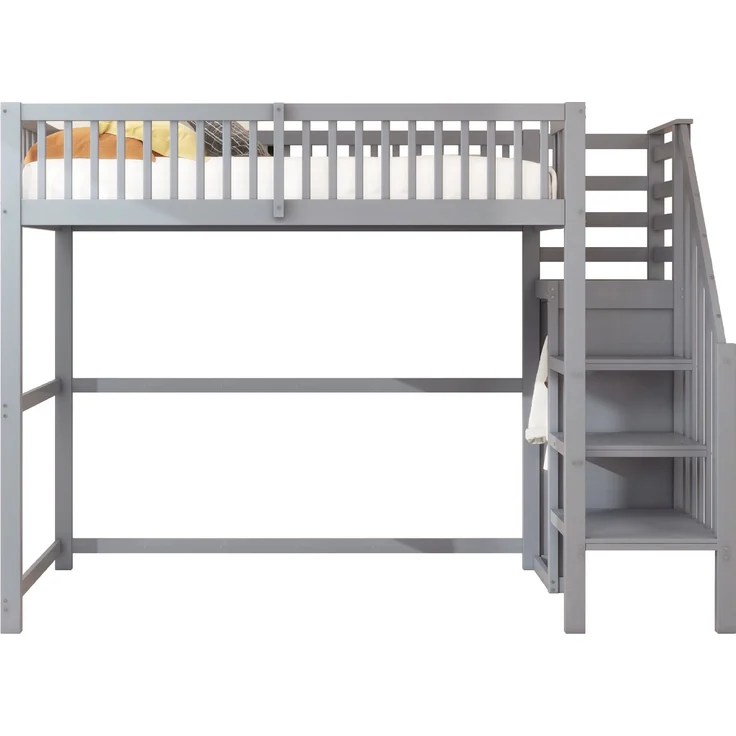 Hochbett 90x200 mit Treppe, Kinderbett aus Holz mit Aufbewahrungsregal, einfacher Kleiderschrank Grau – Bild 7