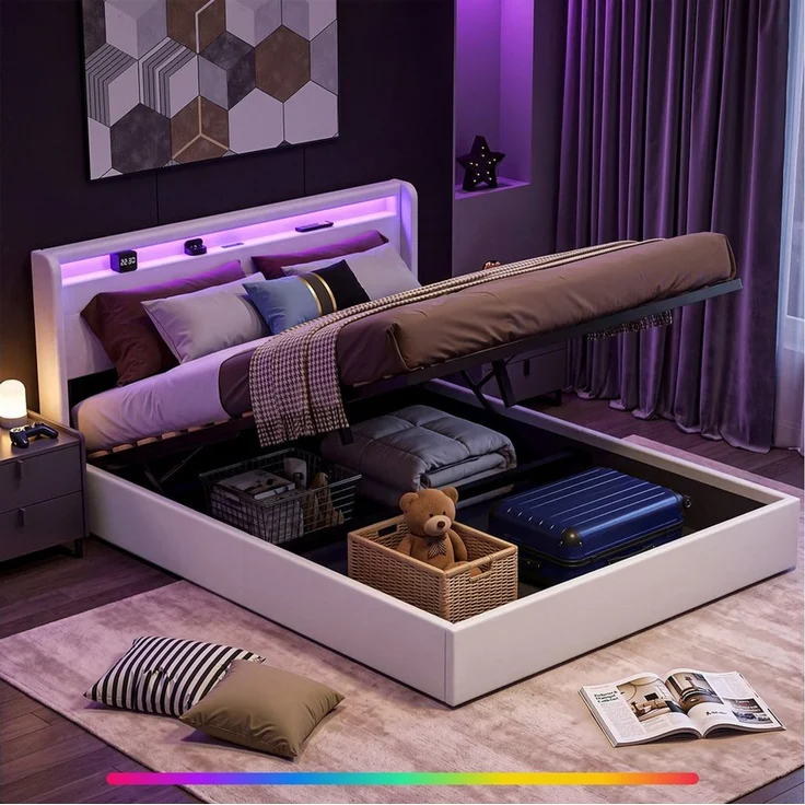 oyajia Polsterbett Bettrahmen mit LED-Beleuchtung und Ladestation, PU-Kunstleder (Type-C + USB, Hydraulisch hebbarer Stauraum), Jugendbett Bettgestll mit Bettkasten, Ohne Matratze – Bild 1