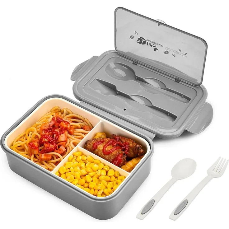 Lunchbox Bento Box Brotdose 3 Fächer Besteck Auslaufsicher Grau – Bild 1