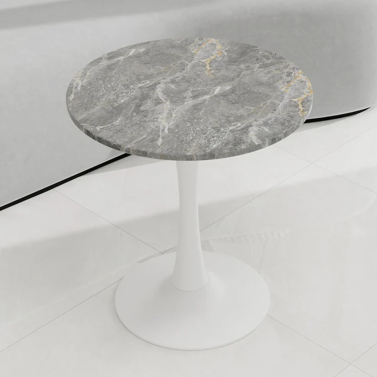 Novelux Runder Esstisch 70 cm Weißer Couchtisch Mid-Century Tisch für 2-4 Personen – Marmor Optik Tischplatte dunkelgraue Adern, Kompakter Bistrotisch – Bild 10