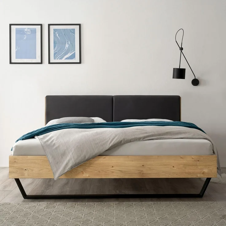 KEKE Modernes Massivholzbett 180x200 - Komfortables Balkenbett aus massiver Fichte mit Metallkufen - 186 x 97 x 215 cm (B/H/T) – Bild 2