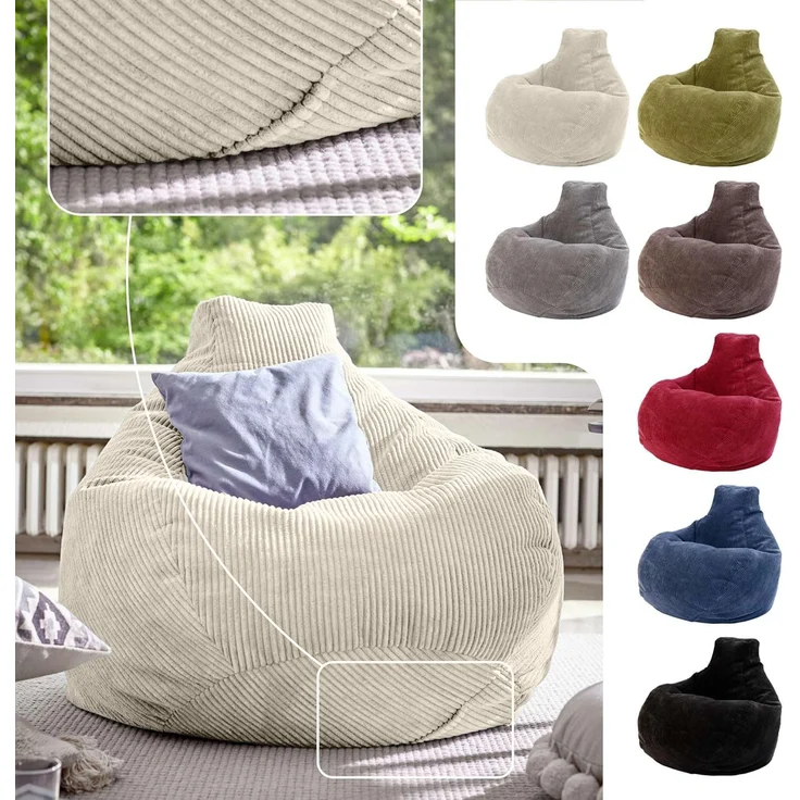 Green Bean® Sitzsack mit Rückenlehne 80x80x90cm - Gaming Chair mit 230L Füllung Cordstoff - Bean Bag Bodenkissen Lounge Sitzhocker Relax-Sessel Gamer Gamingstuhl Beige – Bild 3