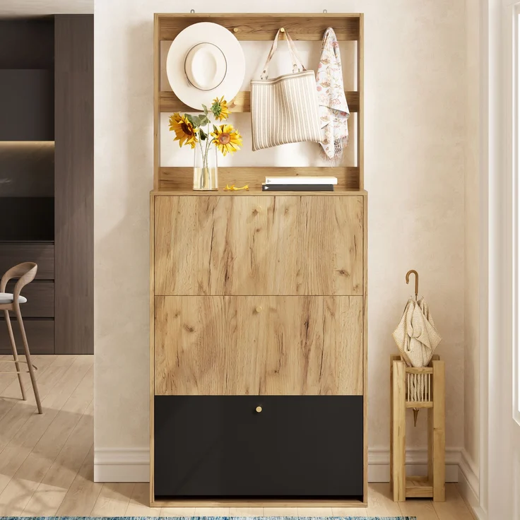 Moderner Schuhschrank mit Haken, 3 klappbaren Aufbewahrungsfächern, geeignet für den Flur, Naturholzoptik + Schwarz, Maße: B75/H180/T24 cm--Schwarz + Natur--75x24x180cm--YOUDENOVA – Bild 2