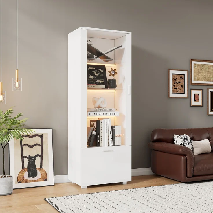 50*40*160cm Weiß Hochglanzvitrinen mit Acryltür, LED-beleuchtete Acryl-Vitrine, Vitrinen für Sammlerstücke, Parfümschränke, Bücherregale und Acryl-Vitrine mit Weiß Hochglanztüren (3 Fachböden)--Weiß--50x40x160cm--YOUDENOVA – Bild 5