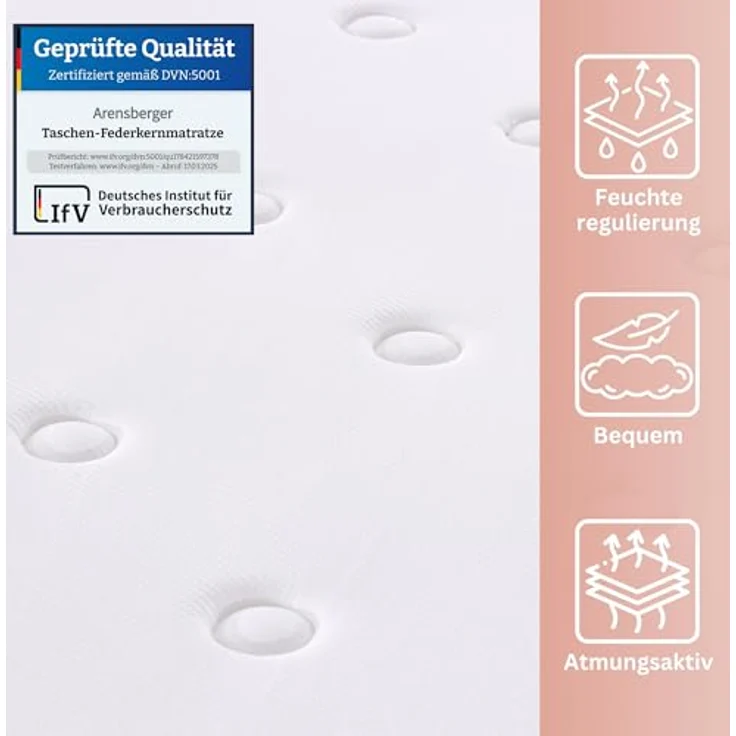 Arensberger Kupfermatratze mit Federkern & Kupferschaum, integrierter Topper, 140x200 cm, Höhe 25 cm, Härtegrad H3/H4, ergonomisch, Taschenfederkern Matratze, Rollmatratze – Bild 3