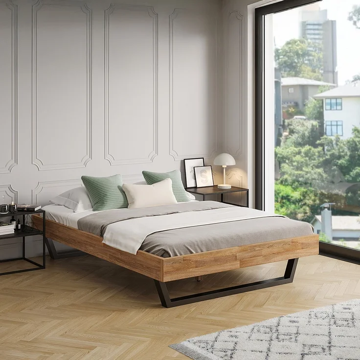 skølm 'Alver' Bett 140x200 cm, Bettgestell, natur geölt, Massivholzbett aus Eiche mit Metallkufen, Doppelbett ohne Bettkopf – Bild 1