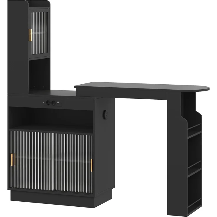 ZUBALIYA Küchenschrank mit Glastüren / Barschrank & Sideboard, mit ausziehbarer Bartisch & Stehtisch mit Stauraum und steckdose, Schwarz, 131–170 x 40 x 170 cm, fürs Büro, mit LED, Samt – Bild 13