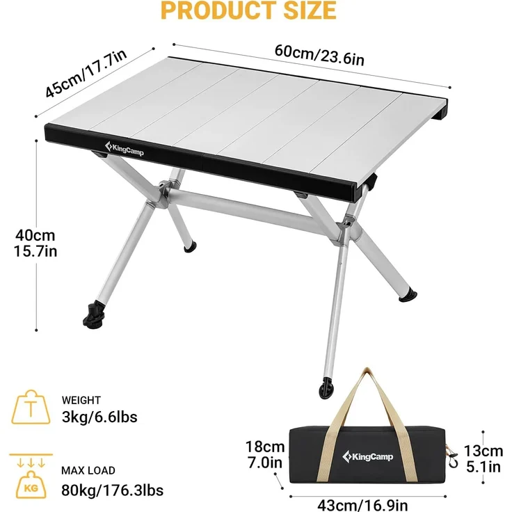KingCamp KC2204 Campingtisch klappbar, Klapptisch Balkon Klein, Aluminium Roll-Up Falttisch für 4 Personen bis 80kg, 60 x 45 x 40 – Bild 2