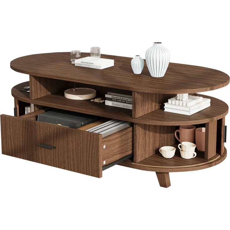 Couchtisch oval, B 100 x T 50 x H 40 cm, Walnussoptik, mit Schublade und Rolltüren – Bild 8
