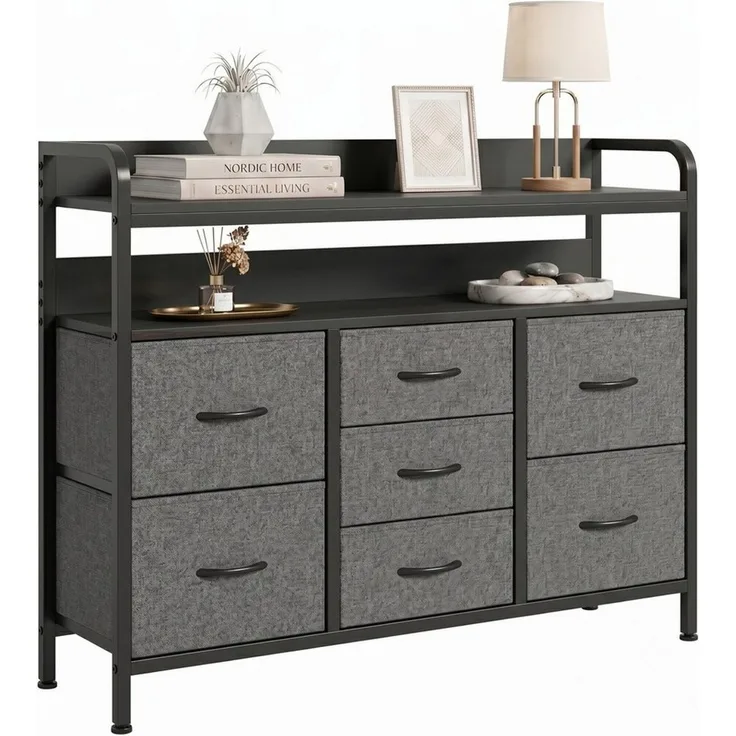 Refined Living Kommode Stoffkommode mit 6/7/8 Schubladen mit 2 offenen Ablagen Komodenschrank (Holzplatte und Metallrahmen, wasserdicht, Platzieren Dekorationen, Große Kapazität Aufbewahrungsmöbel, Sideboards, Schubkastenkommode), für Wohnzimmer, Kinde...