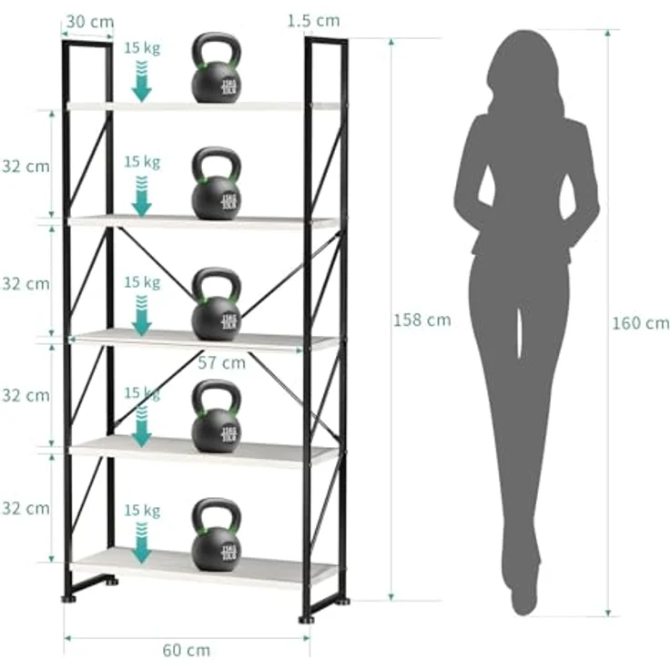 YITAHOME Bücherregal, Standregal mit 5 Ebenen, Hohes Lagerregal mit Metallrahmen, Industrielles Ausstellungsregal, Regaleinheiten, für Wohnzimmer, Schlafzimmer, Homeoffice, Küche, Weiß Regal – Bild 3