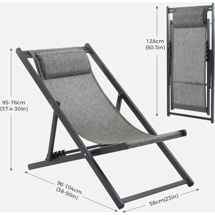 Mondeer Sonnenliege 2er Set, klappbarer Liegestuhl mit Kopfstütze und Verstellbarer Rückenlehne für Garten Pool Terrasse, Belastbarkeit 130kg, W104 x D58 x H95cm, Schwarz und Grau – Bild 3