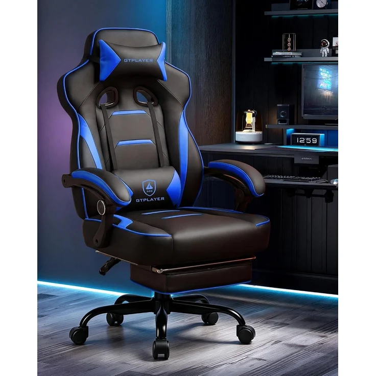 GTPLAYER Gaming Stuhl mit Fußstütze, Ergonomischer Bürostuhl 180kg, Schwerlast Gaming Sessel mit Lendenwirbelstütze und Kopfstütze, Höhenverstellbarer Computerstuhl, Gepolstert, neigbare 155°, BLAU – Bild 10