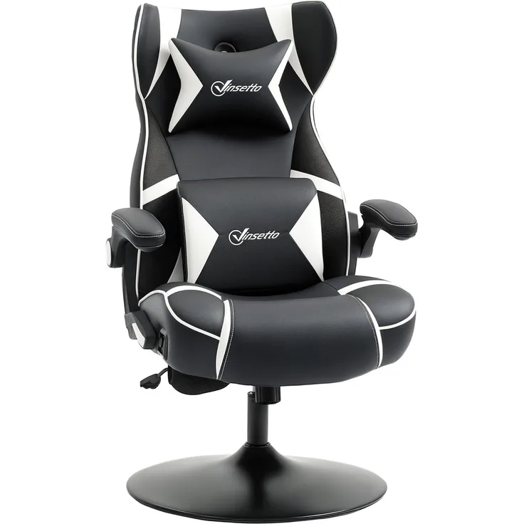 Vinsetto Gaming Stuhl mit Wippfunktion, höhenverstellbarer Bürostuhl, ergonomischer Computerstuhl mit Lautsprecher, Lenden- und Nackenstütze für Spielzimmer Kunstleder Weiß+Schwarz