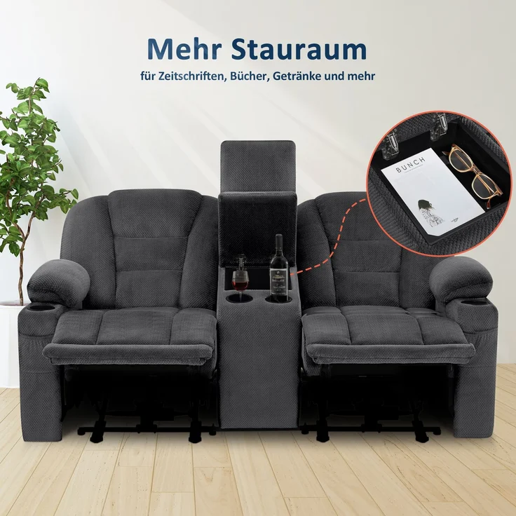 M MCombo Elektrisch 2 Sitzer Sofa mit Schlaffunktion, 2er Relaxsofa mit Taste 150° Verstellbar, Kinosessel mit Liegefunktion, Konsole & USB & Getränkehalter, 7009 (Grau) – Bild 3