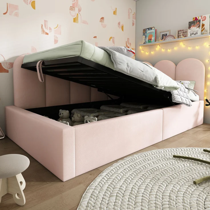 Tagesbett, Samt mit hydraulischem Stauraum & Metall-Lattenrost, 97x200x76 cm, Rosa, ohne Matratze – Bild 5