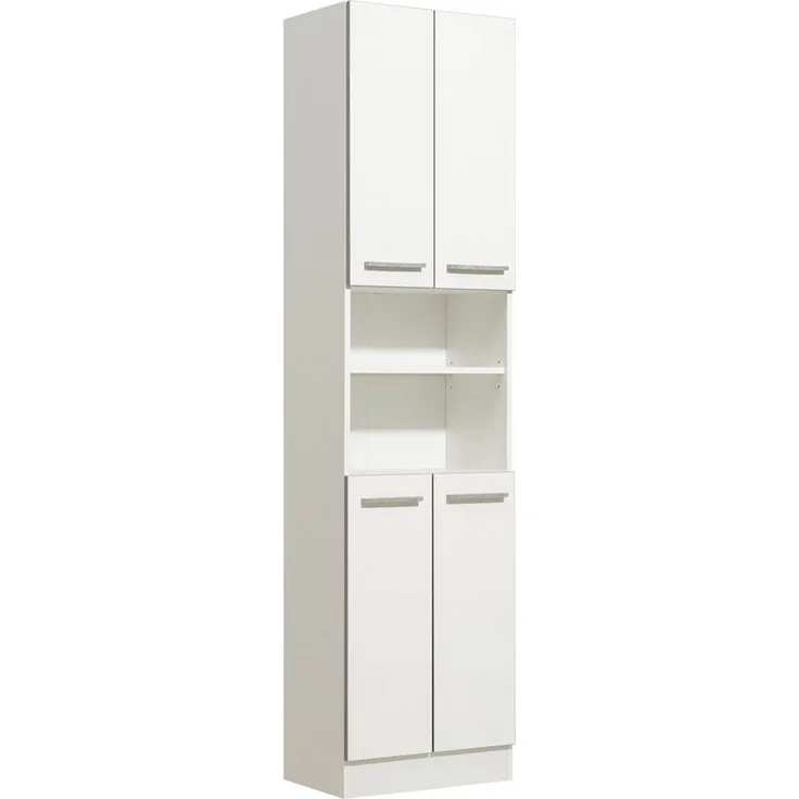 Saphir Hochschrank Quickset 953 Badschrank 50 cm breit, 4 Türen, Nische, 3 Einlegeböden Badezimmer-Hochschrank, Weiß Glanz, Griffe in Betonoptik