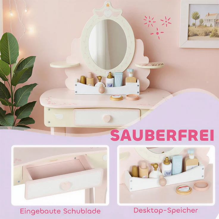 AIYAPLAY Schminktisch Kinder, MDF, Holz, Rosa, 59,8L x 29,6B x 89,8H cm – Bild 6