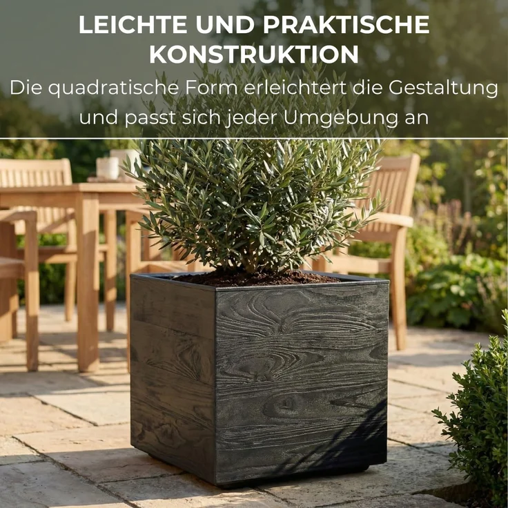LAMELA Pflanzkübel mit Rollen 40 cm, 36L – Blumentopf aus Kunststoff in Holzoptik – Übertopf mit Wasserablauf – Modern für Innen & Außen - Wetterfest & Pflegeleicht, Schwarz – Bild 4