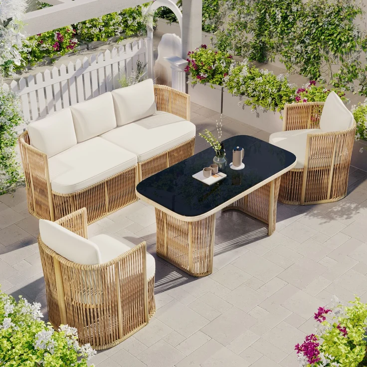 Merax 5-teiliges Gartenmöbel Set, PE Rattan Garten-Loungesessel-Set mit 3-Sitzer Sofa, 2 Sessel & Glastisch – mit Polyester Kissen, Stahlrahmen & gehärteter Glasplatte, Beige – Bild 7