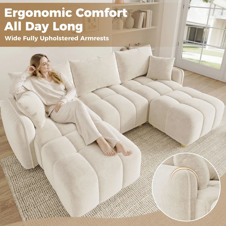 ZUBALIYA L-/U-förmiges wandelbares Ecksofa, 5-Sitzer modulare Sofakombination mit 2 Hockern und Kissen, Chenille-Stoff, Cloud-Sofa, breite Armlehnen, geeignet für Wohnzimmer, Schlafzimmer, Wohnung – Bild 11