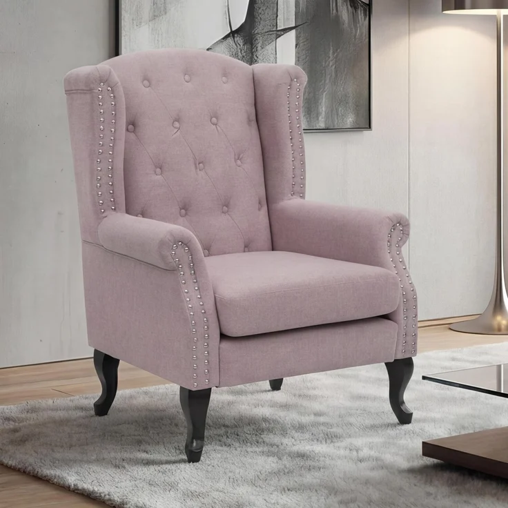 Sessel Chesterfield, Relaxsessel Clubsessel Ohrensessel, wasserabweisend Stoff/Textil ~ hellrosa ohne Ottomane – Bild 1