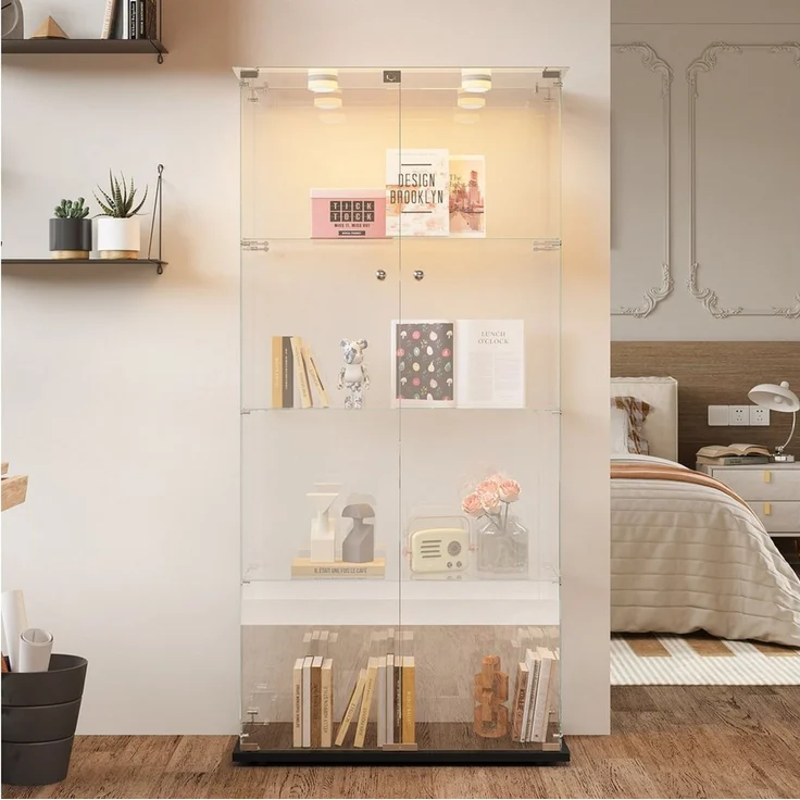 FUROKOY Glasvitrine Standvitrinen, Vitrine aus gehärtetem Glas (Vitrinenschrank mit 2 Glastür und Beleuchtung für Sammler, Bücher) 4 Lagen Sammlervitrine, Schwarz – Bild 1