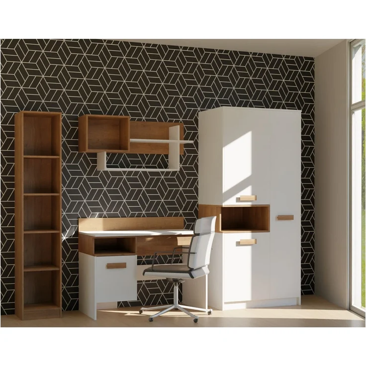 Marmex Möbel Grant Set-F Jugendzimmer Komplett-Set 4-teilig mit Kleiderschrank, Schreibtisch, Wandregal, Bücherregal, Kinderzimmermöbel mit Schreibtisch, laminierte Spanplatte, Kleiderstange, weiß+riviera Eiche, 234x195x55 cm – Bild 7