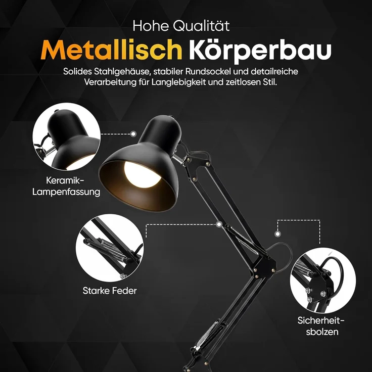 Goods+Gadgets LED Schreibtischlampe LED Schreibtischlampe mit Arm–Verstellbare Tischlampe für Büro & Home, mit Gelenk-Arm aus Metall inkl. LED Glühbirne, Arbeitslampe – Bild 3