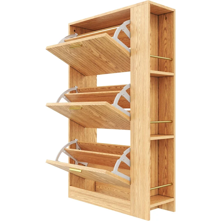 Schuhschrank, MDF in Holzoptik mit 3 Türen & offenen Fächern, 70x23,5x115 cm, Natur – Bild 10