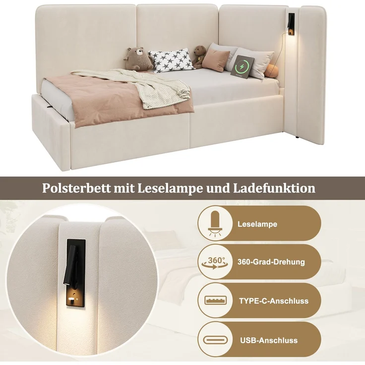 Merax Einzelbett, Kinderbett, Polsterbett 90x200 cm Daybett, mit hydraulischem Stauraum Aufladen Leselampe, Samt, beige – Bild 6