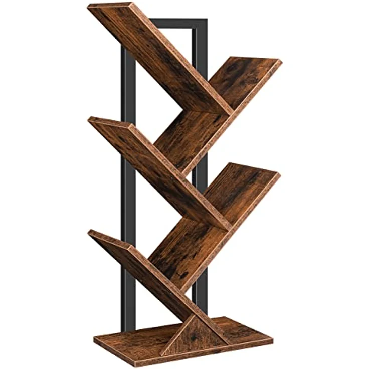 HOOBRO Bücherregal, Standregal mit 4 Ebenen, Holz DVD Regal, in Baumform, Metallgestell, für Wohnzimmer, Arbeitszimmer, Kinderzimmer, Vintagebraun EBF04SJ01G1 – Bild 2