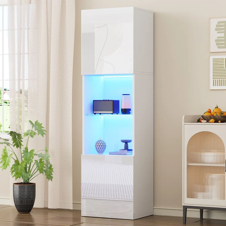 Weiße Hochglanzvitrine mit LED-Beleuchtung, 1 Glasböden, 45*35*160 cm, Vitrinen, freistehende Vitrinen, Hochschränke, Lagerschränke--Weiß--45x35x160cm--YOUDENOVA – Bild 1