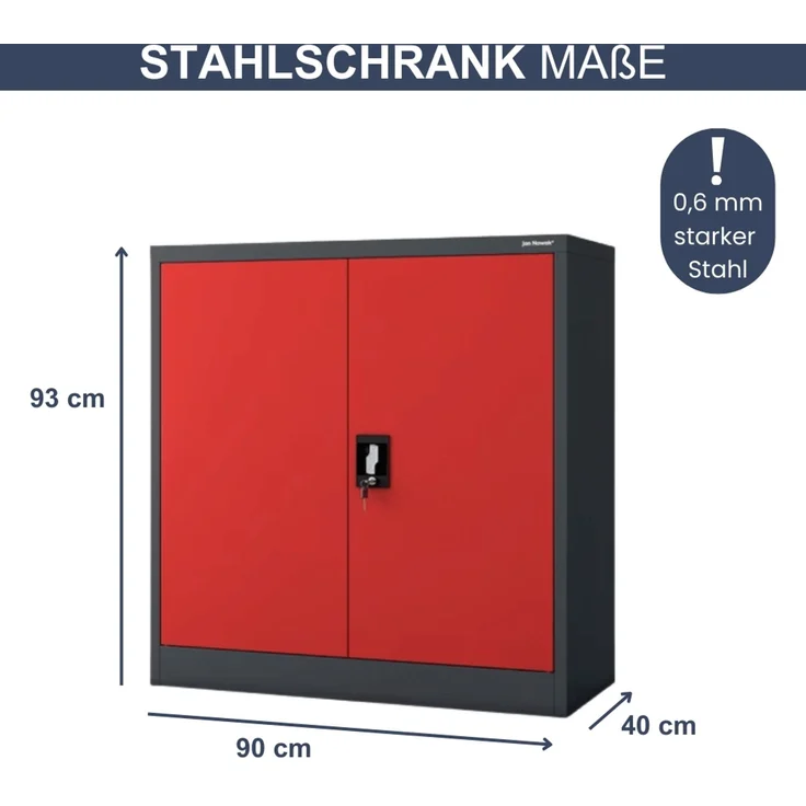Aktenschrank abschließbar KADO - 3 Ebenen verstellbar, Flügeltüren | Metallschrank Werkstatt Mehrzweckschrank Büroschrank aus Stahl Werkzeugschrank, 93x90x40cm Anthrazit-Rot – Bild 2