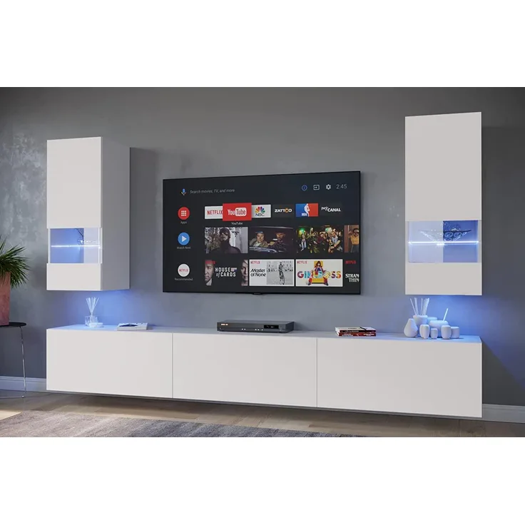 FURNITECH SEZANA AN21 Möbel Schrankwand Wandschrank Wohnwand Mediawand mit Led Beleuchtung Wohnzimmer (LED weiß, AN21-18W-M2 1B MATT)