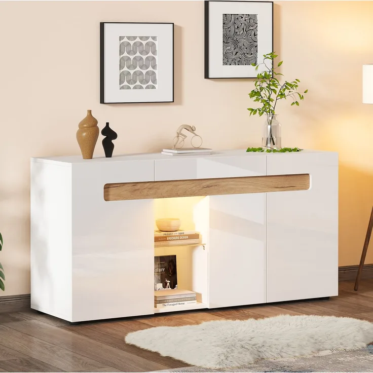 DESVIAE Sideboard mit LED-Beleuchtung und 3 Türen 140x70x40 cm Spanplatte Weiß/Natur