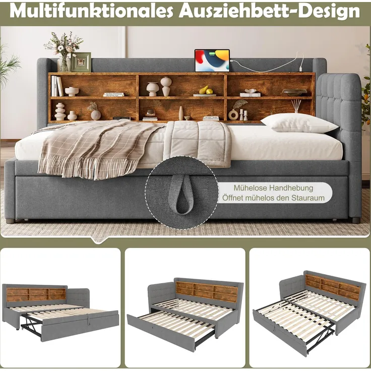 Stauraumbett mit Lattenrost, Regal, USB und Type-C Anschluss, 90x200cm/180x200cm, Liegefläche erweiterbar, Einzelbett, Polsterbett, Leinen – Bild 4