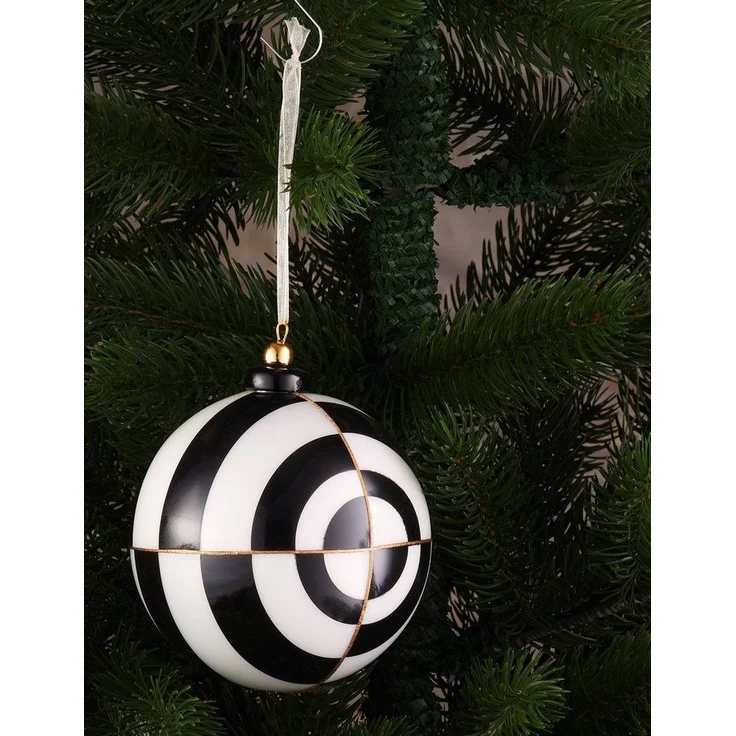 BRUBAKER Weihnachtsbaumkugel Premium Weihnachtskugel mit Kreis Muster - Gold, Schwarz und Weiß (1 St), 10 cm Glas Baumkugel mit Porzellan Topper - Handarbeit Christbaumkugel – Bild 2