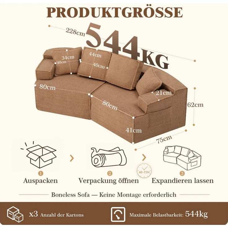 COMHOMA Sofa modulares Schlafsofa, Polstersofa, 3-Sitzer Sofa, Sektionscouch, Keine Montage erforderlich, mit Aufbewahrungstasche, schlaffunktion – Bild 3