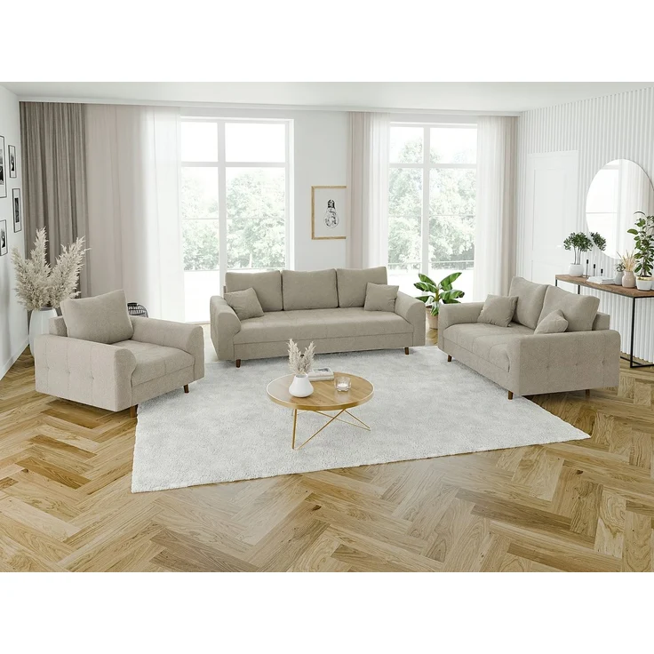 S-Style Möbel Polstergarnitur 3+2+1 Leif mit Holzfüßen im skandinavischen Stil aus Boucle-Stoff, (1x 3-Sitzer-Sofa, 1x 2-Sitzer-Sofa, 1x Sessel), mit Wellenfederung – Bild 1