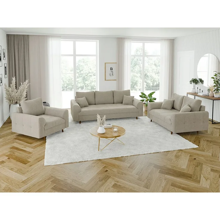 S-Style Möbel Polstergarnitur 3+2+1 Leif mit Holzfüßen im skandinavischen Stil aus Boucle-Stoff, (1x 3-Sitzer-Sofa, 1x 2-Sitzer-Sofa, 1x Sessel), mit Wellenfederung