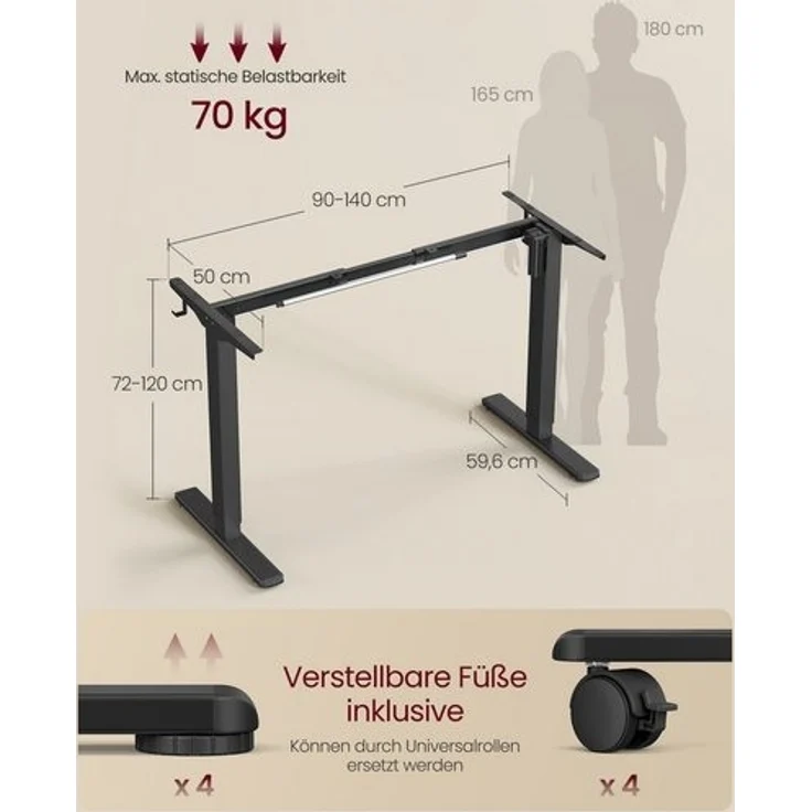 VASAGLE Höhenverstellbarer Schreibtisch elektrisch, Tischgestell, Schreibtischständer, ohne Tischplatte, mit 2 Haken, Memory-Funktion mit 3 Höhen, Stahl, tintenschwarz LSD021B01V2 – Bild 5