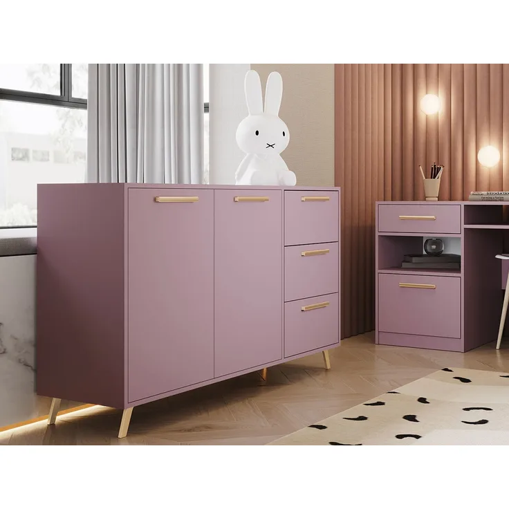 Kommode Bado II, Farbe: Pflaume / Pflaume + Gold, 139 x 86 x 41 cm