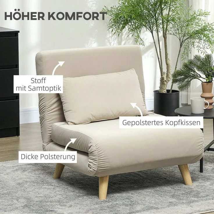 HOMCOM Relaxsessel mit Bettfunktion, verstellbare Rückenlehne, bis 150 kg Belastbar, Beige, 72 x 78 x 79 cm – Bild 3