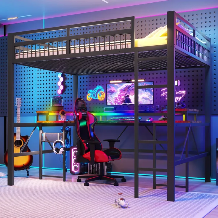 EINHOM Hochbett, 140 x 200 cm, Eisenrahmen, mit Farbwechselnder LED-Lichtleiste, mit Schreibtisch, 1 USB-Anschluss + 1 Typ-C-Anschluss und 2 Steckdosen, mit Lochwand, Schwarz (Ohne Matratze)