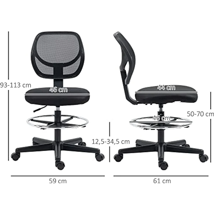 Vinsetto Bürostuhl, ergonomischer Drehstuhl aus schwarzem Textil, höhenverstellbar, mit atmungsaktivem Netzgewebe, 61x113x59 cm – Bild 3