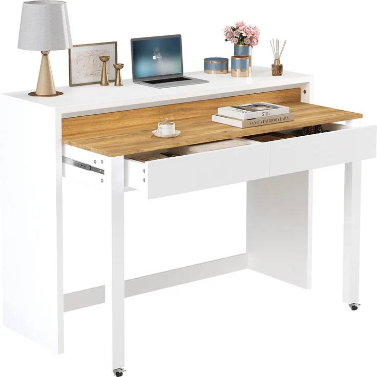 Schreibtisch ausziehbar mit 2 Schubladen, Rollenbremse und Schutzkante, Eiche-Optik/Weiß,87x100x40 cm – Bild 3