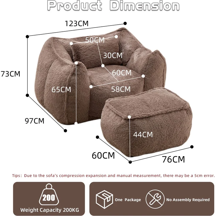 Riesiger Sitzsack für Erwachsene und Kinder, Sitzsack-Sofa mit Kunstfellbezug, Kissen und Hocker, bequemes Lese- und Spielsofa für Schlaf- und Wohnzimmer, Khaki--khaki--123x157x73cm--YOUDENOVA – Bild 3